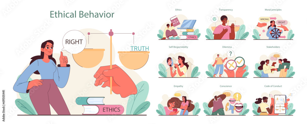 Ethical Behavior set. Balancing truth and rightness, exploring transparency in decisions. Engaging empathy, responsibility, and moral judgments. Flat vector illustration. Ethical Behavior set. Balancing truth and rightness, exploring transparency in decisions. Engaging empathy, responsibility, and moral judgments. Flat vector illustration.