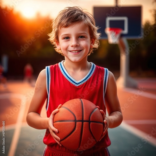 Young child basketball player, cheerful happy sports competitor