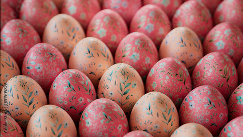 Collection of Perfectly arranged Eggs with Floral Designs. Multicolored Easter Background. photo