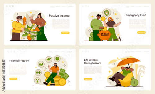 Financial Independence set. Illustrates nurturing passive income, establishing emergency funds, achieving financial freedom, and enjoying life without work. Flat vector illustration.
