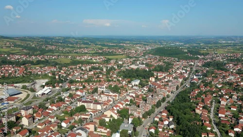 Beautiful aerial view of town Arandjelovac, Serbia and bright blue sky photo