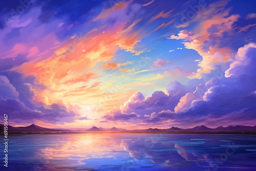 A stunning, scenic backdrop with a sunset sky, oil painting aesthetic, and vibrant, enchanting colors in an anime-inspired style.