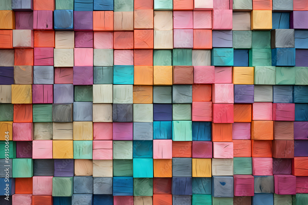An Artistic Wall Composition Featuring Colorful Wooden Blocks, Crafted in the Style of Bold Chromaticity, Chalk-Inspired Textured Paint Layers, Wood Veneer Mosaics An Artistic Wall Composition Featuring Colorful Wooden Blocks, Crafted in the Style of Bold Chromaticity, Chalk-Inspired Textured Paint Layers, Wood Veneer Mosaics
