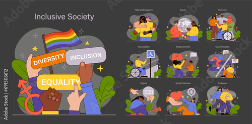Inclusive Society set. Harmonious diversity and equality celebration. Unity in gender, race, and disability representation. Universal acceptance and solidarity themes. Flat vector illustration. photo