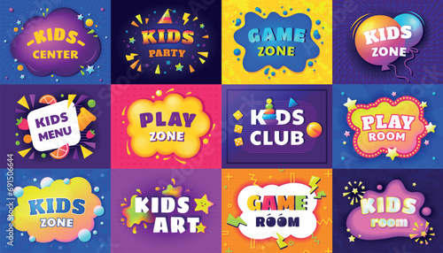Kid background. Children game party, fun banner with child signs, color childish play zone. Party banner, menu cover, art center flyer. Bright design. Playground logo. Vector cartoon design