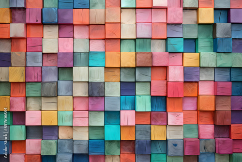 An Artistic Wall Composition Featuring Colorful Wooden Blocks, Crafted in the Style of Bold Chromaticity, Chalk-Inspired Textured Paint Layers, Wood Veneer Mosaics © Asiri