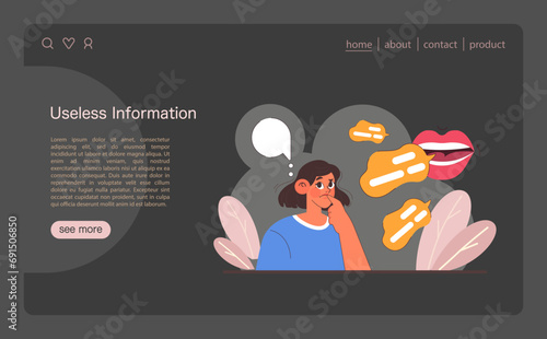 Contemplating information relevance concept. A young woman ponders over the deluge of non-essential data. Cognitive overload in the digital age. Flat vector illustration