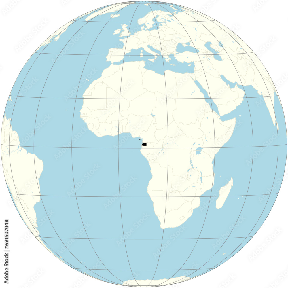 Equatorial Guinea centered on the world map in an orthographic projection