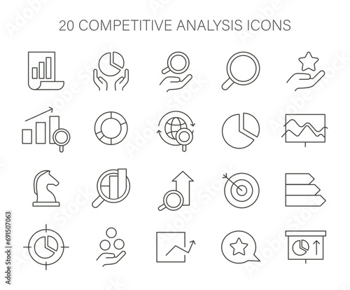 Icon set for competitive analysis. Essential visual tools for market research, data interpretation, strategic planning. Flat vector illustration.