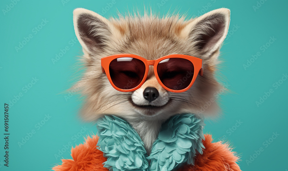 Happy dog character in two tone stylish sunglasses and fur coat looking away against pastel and turquoise background. Happy dog character in two tone stylish sunglasses and fur coat looking away against pastel and turquoise background.