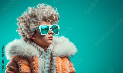  A young child with curly hair wearing oversized sunglasses and a large, fur-lined winter coat. The image has a vibrant teal background, and the child’s expression and outfit give off a chic.