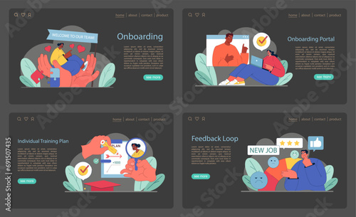 Onboarding web or landing. Heartfelt employee welcomes, custom training plans, and constructive feedback. Fostering a positive workplace transition. Flat vector illustration.
