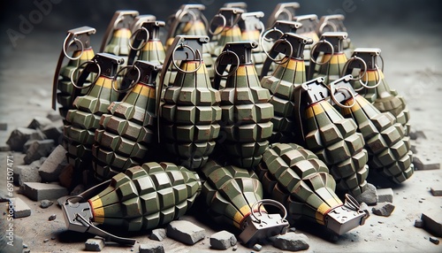 A lot of defensive hand grenades are stacked in a pile. Close-up. Personal handheld explosive weapon photo