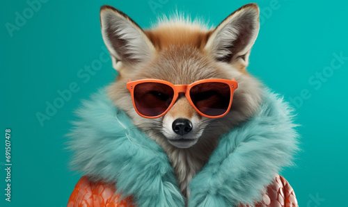 Happy dog character in two tone stylish sunglasses and fur coat looking away against pastel and turquoise background.