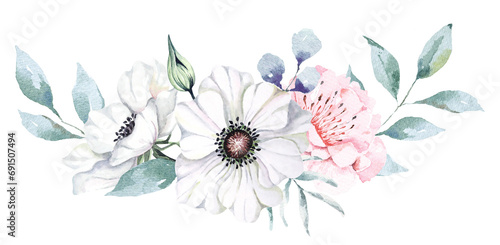 Bouquet anemone and peony painted with watercolors.White flowers Suitable for decorating wedding invitation cards.Vintage style. photo