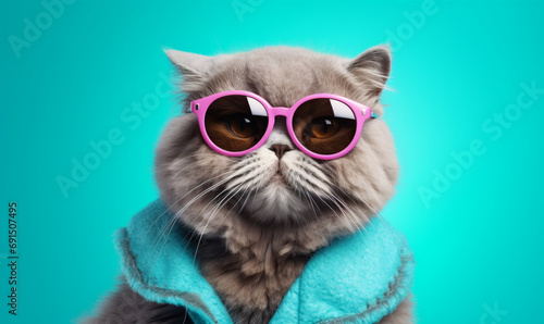 Fantasy cat wearing sunglasses and jacket with a human body. 