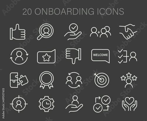 Onboarding icons set. Icons depicting key steps in welcoming and integrating new members. Guidance, support, evaluation, and success in a nurturing environment. Flat vector illustration.