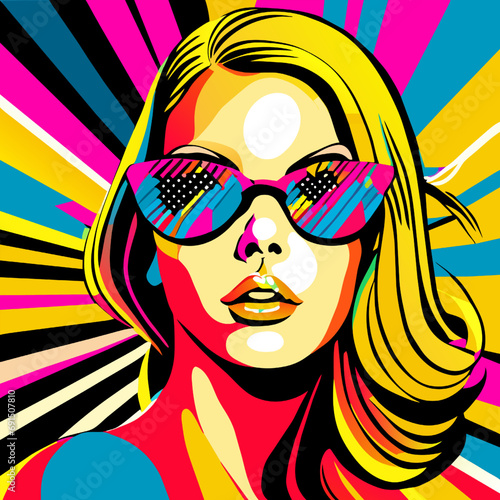 Beautiful woman with sunglasses in pop art style. Vector illustration.