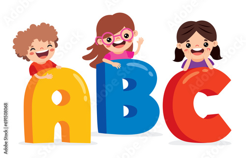 Cartoon Kids Posing With Alphabet Letter