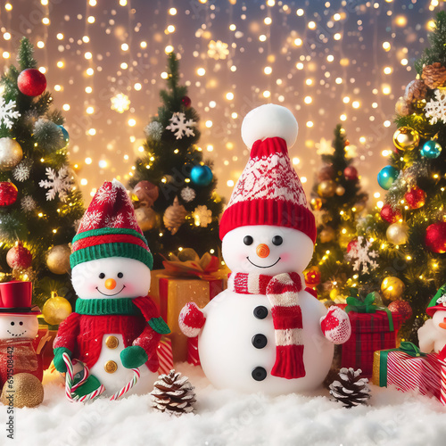 Christmas trees and snow man, beautiful Christmas concept, Generative AI