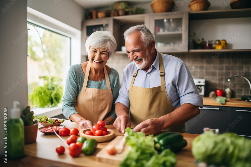 Happy elderly couple cooking together in a kitchen, preparing cooking food meal for romantic dinner, spending time together. Caucasian elderly people enjoying healthy eating Happy elderly couple cooking together in a kitchen, preparing cooking food meal for romantic dinner, spending time together. Caucasian elderly people enjoying healthy eating