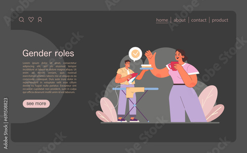 Man ironing clothes, woman enjoying her coffee, challenging traditional norms dark or night mode web, landing. Domestic equality. Breaking stereotypes. Modern relationships. Flat vector illustration.