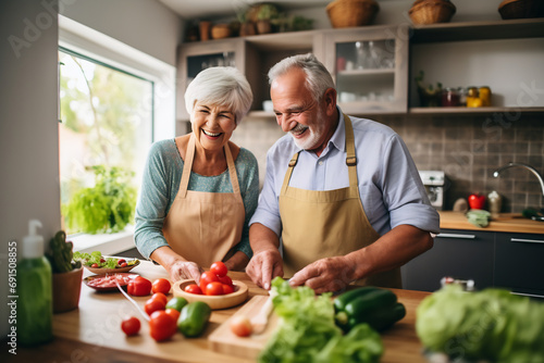 Happy elderly couple cooking together in a kitchen, preparing cooking food meal for romantic dinner, spending time together. Caucasian elderly people enjoying healthy eating