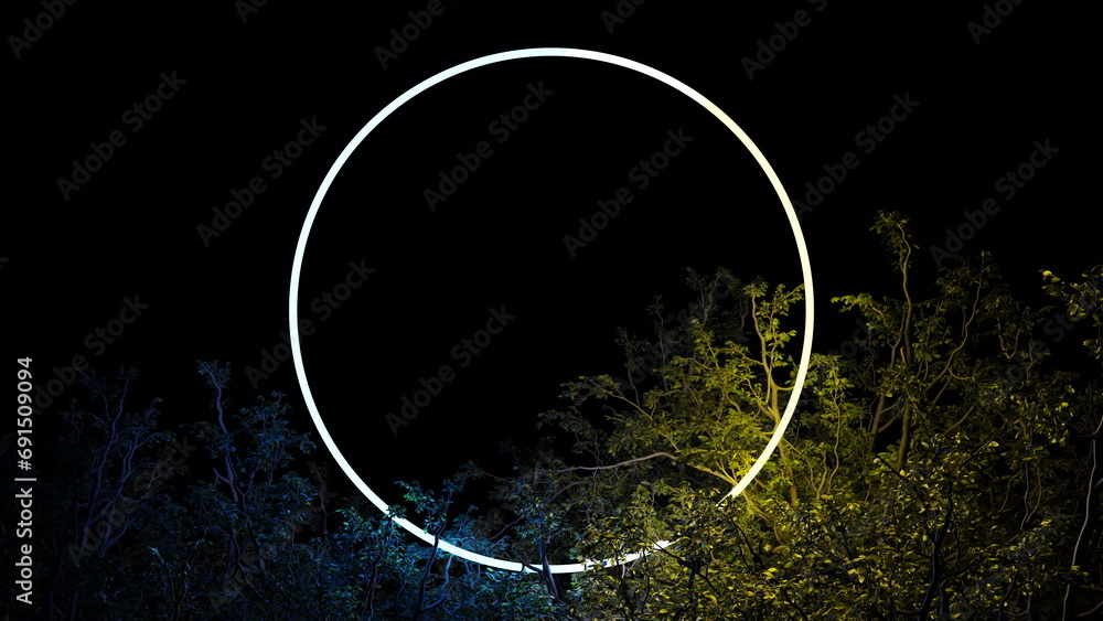 Luminous circle ring in foliage of tree branches on black background. Neon glow illumination, place for text. 3d render - obrazy, fototapety, plakaty 