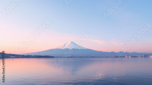朝焼けで空がピンクや紫になっている日本の富士山、山中湖