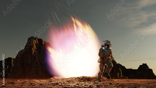 Astronaut escapes from falling comet asteroid, fiery asteroid from outer space crashes into surface of red planet Mars. Disaster. 3d render photo