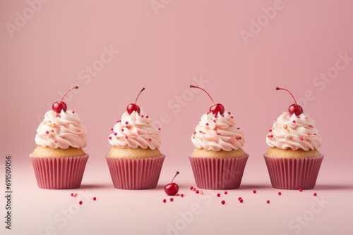 Cupcakes with cherry are in a row  copy space  place for text