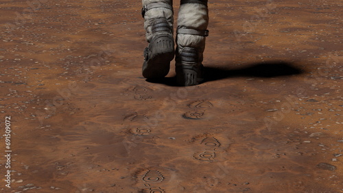 Cosmonaut boots footprints in sand of planet Mars. Astronaut Exploring planet, traveling through solar system, Martian colony. 3d render photo
