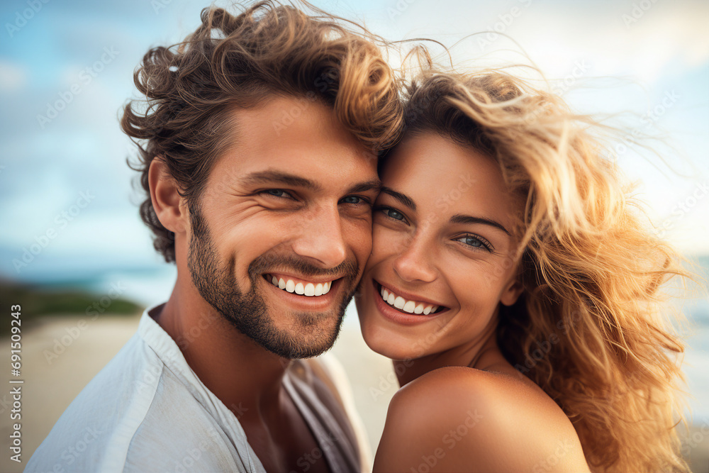 Generative AI picture of cheerful beautiful couple enjoying vacation on a tropical beach Generative AI picture of cheerful beautiful couple enjoying vacation on a tropical beach