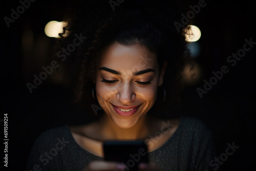 jeune femme dans une pièce sombre en train de consulter son smartphone, la lueur de l'écran éclairant son visage photo