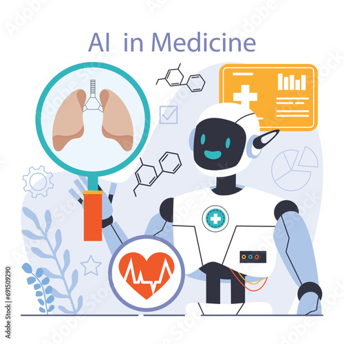 Ai integration. Artificial intelligence and human synergy. Health-focused neural network assistance and robotization of healthcare. AI diagnostic and treatment. Flat vector illustration