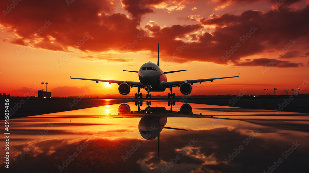airplane landing or takeoff on airport runway at sunset, plane flying at orange sky background at sunrise - obrazy, fototapety, plakaty 