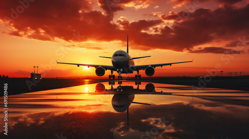 airplane landing or takeoff on airport runway at sunset, plane flying at orange sky background at sunrise photo