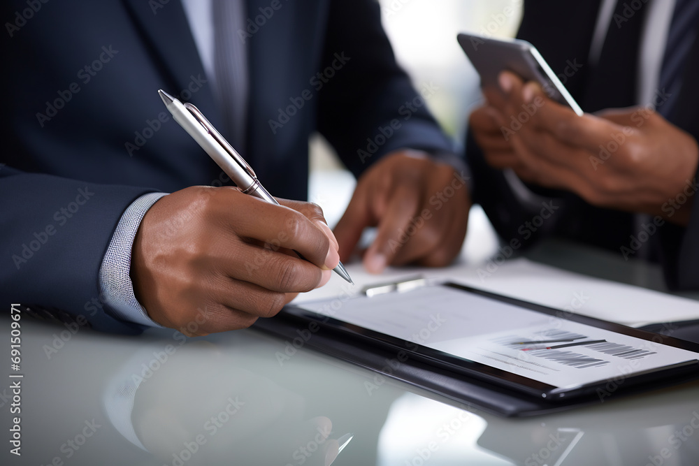 Close up of businessman hands holding pen and writing on paper report at desk in modern coworking office, business man signing contract making a deal Close up of businessman hands holding pen and writing on paper report at desk in modern coworking office, business man signing contract making a deal