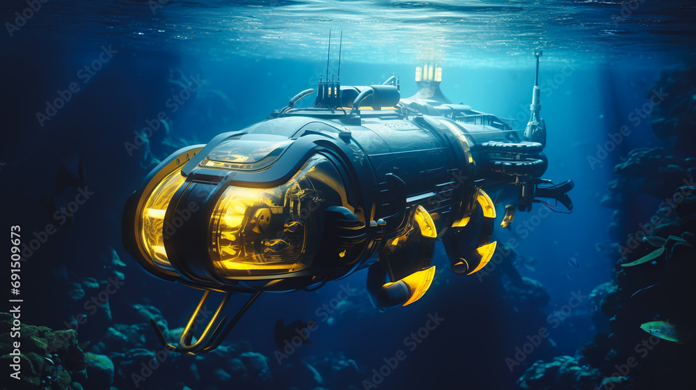 old-fashioned retro submarine underwater, under water vintage or steampunk vessel in deep blue sea or ocean - obrazy, fototapety, plakaty 