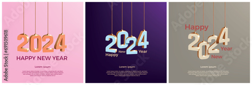 2024 cards. Happy new year background, greeting banner or calendar poster for party. Social media square congratulation post. 3d numbers, copy space. Vector winter holiday design, concept