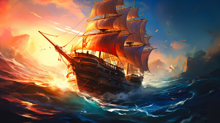 Fototapete Nautischer Stil Aquarell Piratenschiff auf offenem Meer  © goami