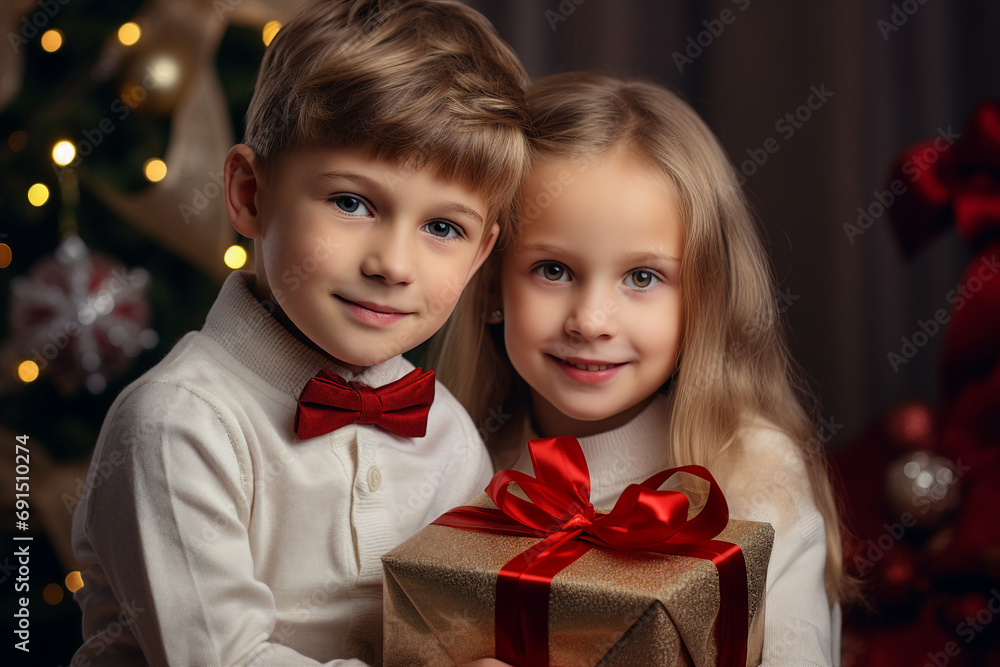 Generative ai portrait of funny joyful children celebrating new year on the background of christmas lights Generative ai portrait of funny joyful children celebrating new year on the background of christmas lights