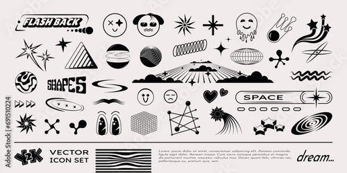 Y2k icons. Logo elements, retro planet, space and vintage 2000 shapes, future rave stars. Black silhouette. Funny smile characters, abstract geometric elements. 00s tattoo. Vector techno symbols photo