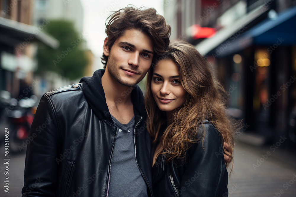 AI generated image of cheerful happy couple having fun walking on city street AI generated image of cheerful happy couple having fun walking on city street