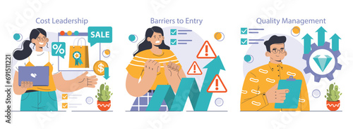 Competitive advantage set. Advertising and marketing business strategy. Brand recognition and market niche definition. Flat vector illustration