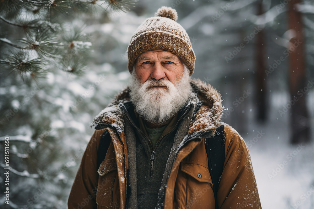 Fototapeta premium Generative ai picture of happy pensioner enjoying winter walk frosty weather