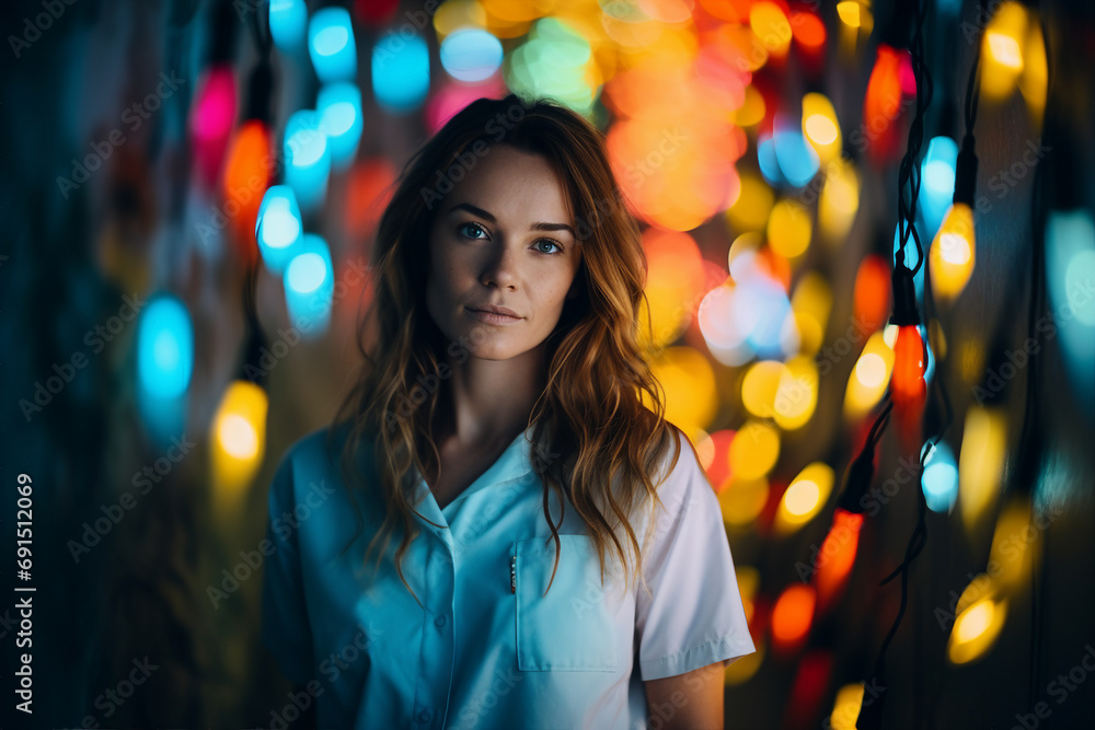 Generative AI picture of beautiful woman standing in hospital decorated for christmas and new year holidays Generative AI picture of beautiful woman standing in hospital decorated for christmas and new year holidays