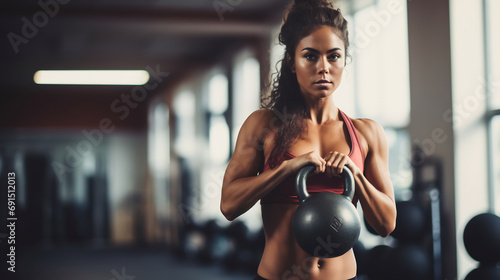 Young woman working out with kettlebells at fitness gym. Lower body legs and feet closeup of strength training legs photo