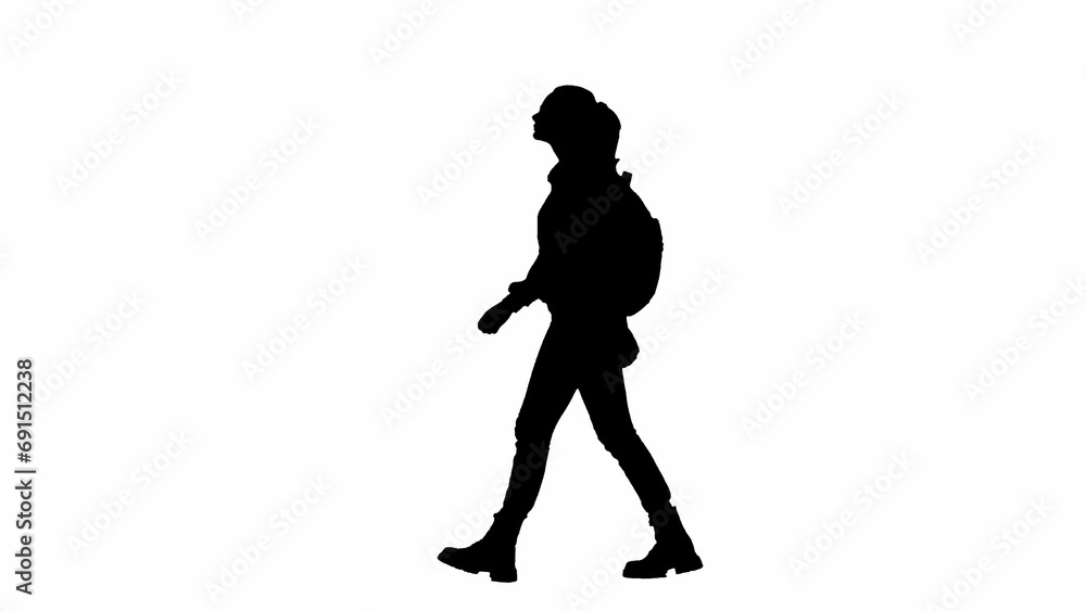 Portrait of traveler isolated on white background alpha channel. Silhouette of woman in glasses walking with backpack and looking around.