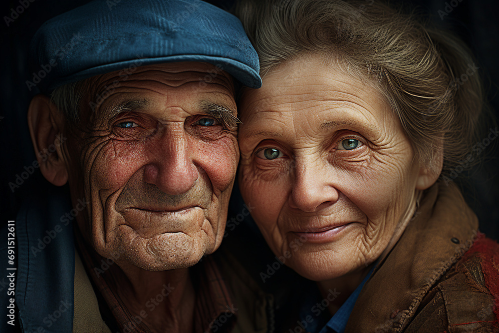 AI generated close up photo of happy old couple isolated on dark backdrop AI generated close up photo of happy old couple isolated on dark backdrop